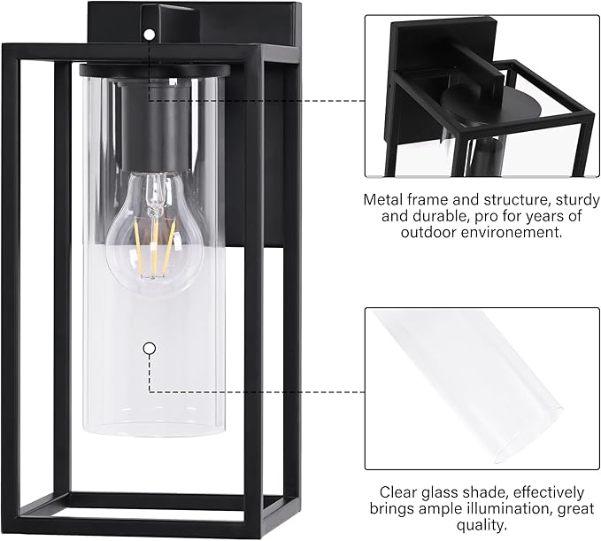 Pia Ricco Outdoor Wall Lights, Outdoor Wall Lantern with Circular Clear Glass Shade, Waterproof Exterior Lighting Fixtures, Modern Front Porch Lighting for House, Garage, E26 Base, ETL Listed, Black