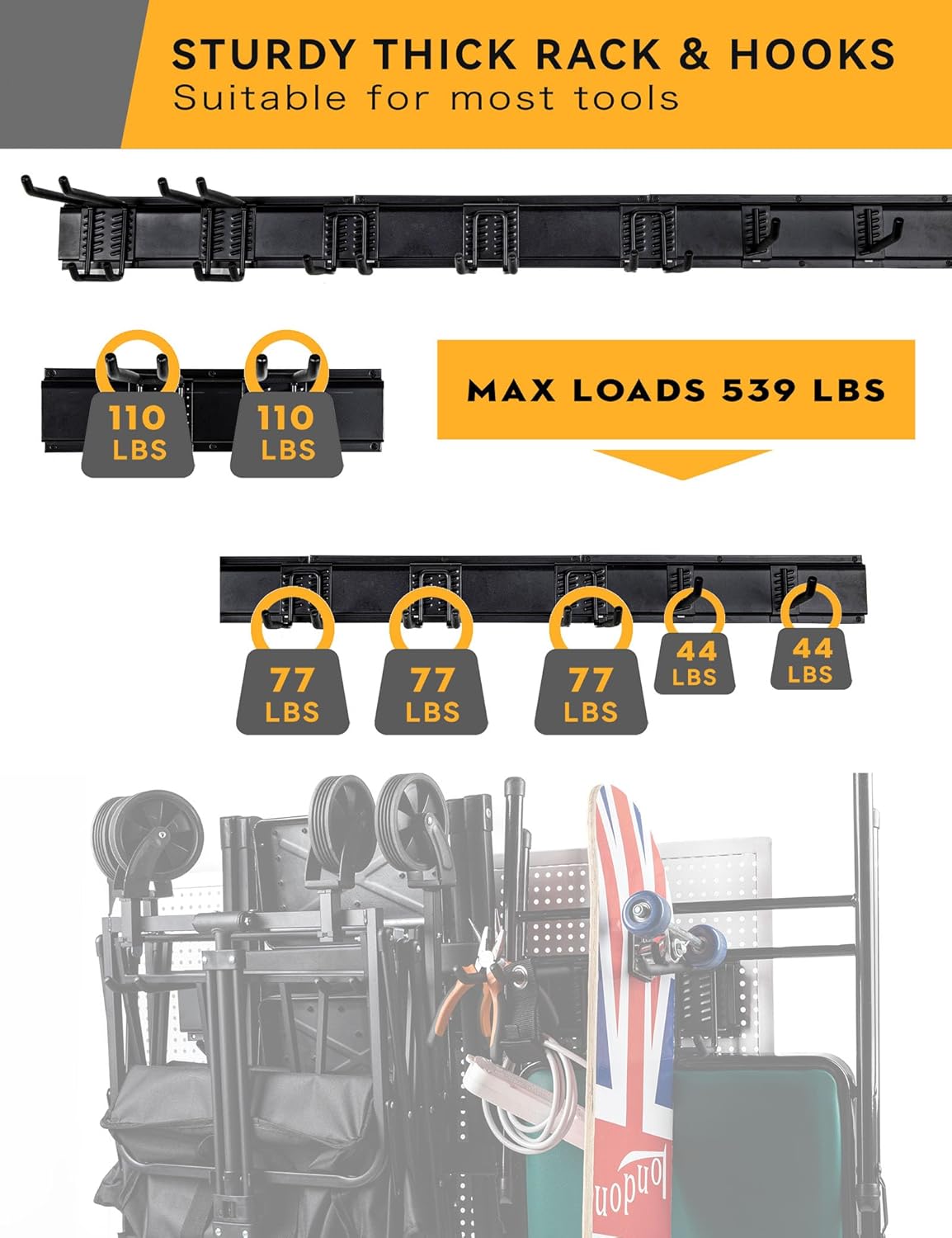 Wall Mount Garden Tool Organizer - 48 Inch Max Load 539lbs, Garage Storage with 7 Heavy Duty Hooks and 4 Cable Ties, Power Tool Organizer Rack