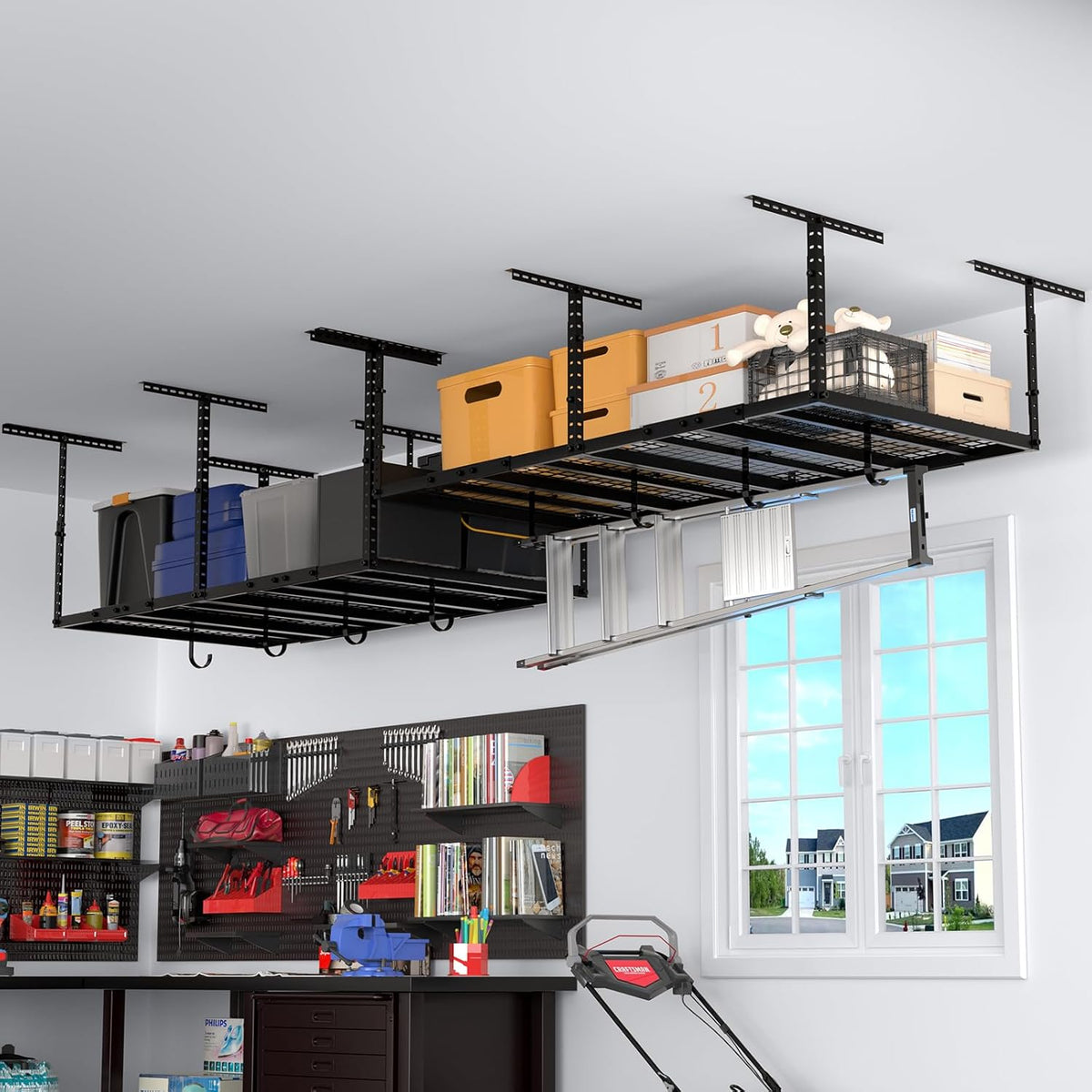 4x8 Overhead Garage Storage Rack with 4 Extra Hooks – Adjustable Heavy-Duty Ceiling Storage System (22"-40"), Holds 600 lbs, 22 lbs per Hook, Steel Hanging Organizer for Tools, Bins & Bikes | Black