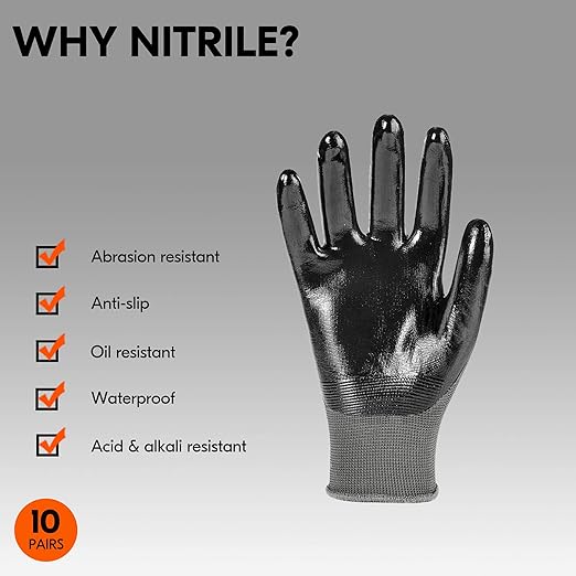 Vgo... 10-Pairs Safety Work Gloves, Gardening Gloves, Non-slip Nitrile coating, Dipping Gloves (Size S, Gray, NT2110)