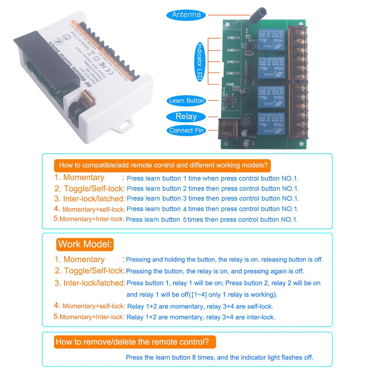 12V 24V 4 Channels Wireless Relay Remote Control Switch, RF 433Mhz DC 5V-30V Garage Door Opener Wireless Switch with Receiver 2 Transmitters, Easy to Terminal Wiring (4CH 2* Controller 433Mhz)