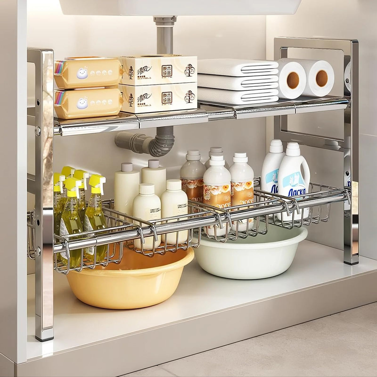 ADVEZO Large Under Sink Organizer 2 Tier Expandable Heavy Stainless Steel Shelf Adjustable Height for Under Kitchen Bathroom Sink Organizers and Storage (Large Size: 4 Panels 4 Storage Baskets)