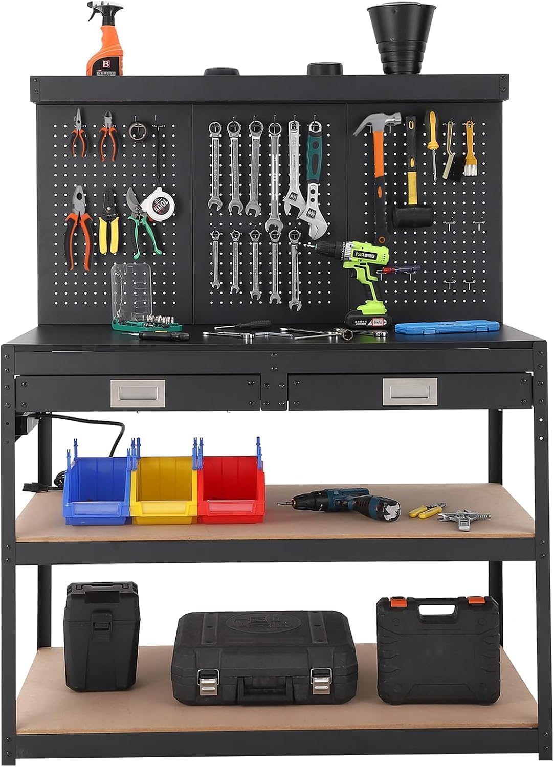 48'' 3-Tier Adjustable Workbench, Heavy Duty Workbench with Drawer and Backplate, 2000 LBS Capacity Work Table, Suitable for Office, Garage, Workshop