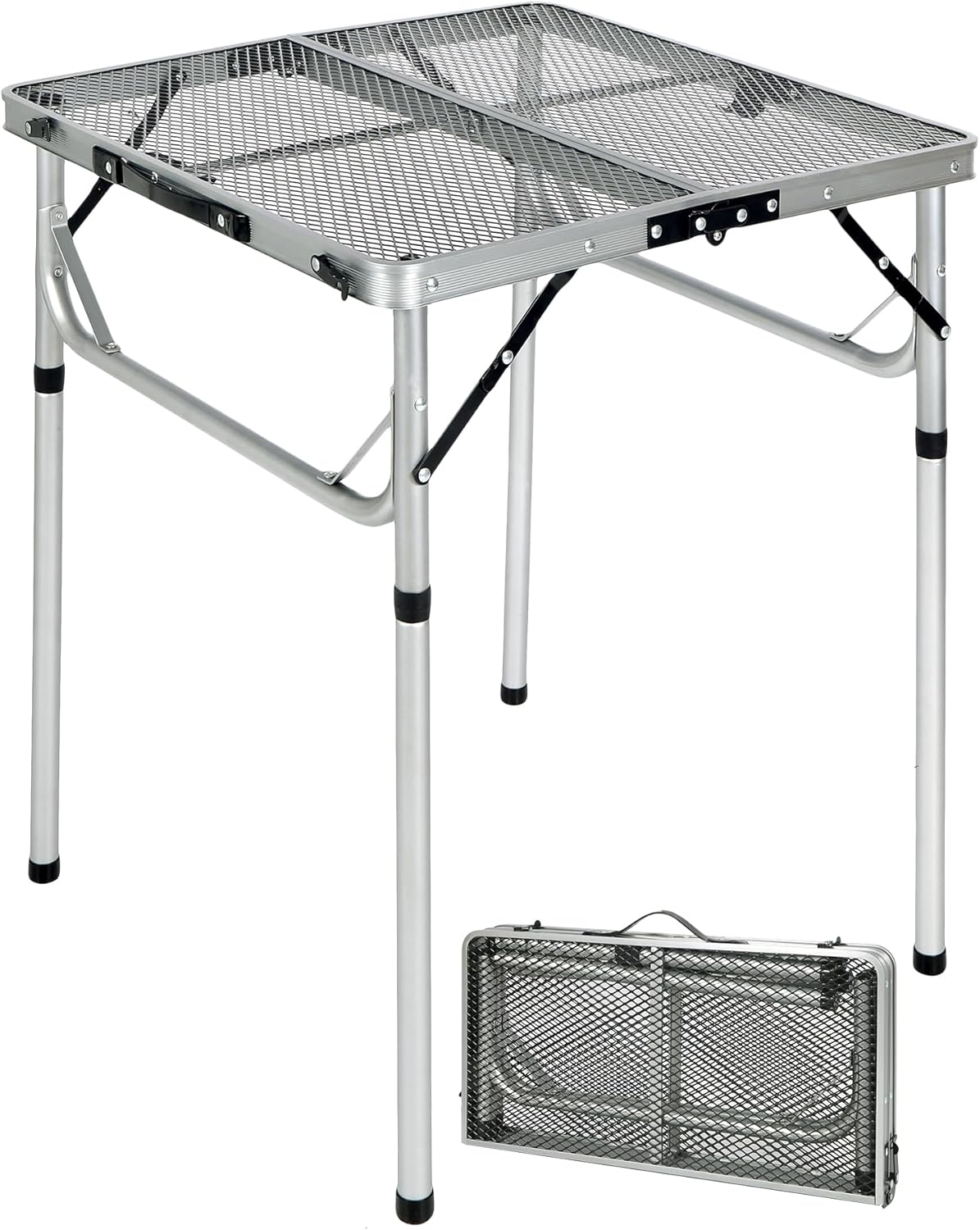 REDCAMP 24" Square Folding Grill Table for Outside, Lightweight Portable Metal Aluminum Outdoor Grill Table with Adjustable Height Legs, Great for Camping Picnic Cooking BBQ, Silver 2ft