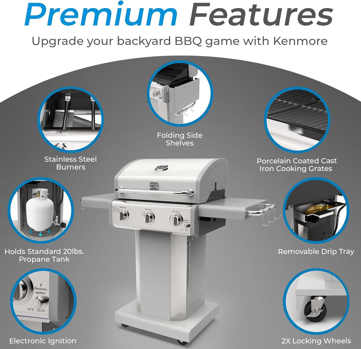 Kenmore 3-Burner Outdoor BBQ Grill | Liquid Propane Barbecue Gas Grill with Folding Sides, PG-A4030400LD-PE, Pedestal Grill with Wheels, 30000 BTU, Pearl White