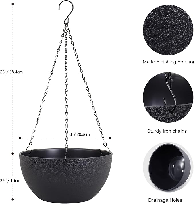 8 inch Small Hanging Planters Plant Pots for Indoor Outdoor Plants, 2 Pack Hanging Flower Pots with Drainage Holes and Chain for Garden Porch, Plastic Hanging Baskets for House Plants, Black