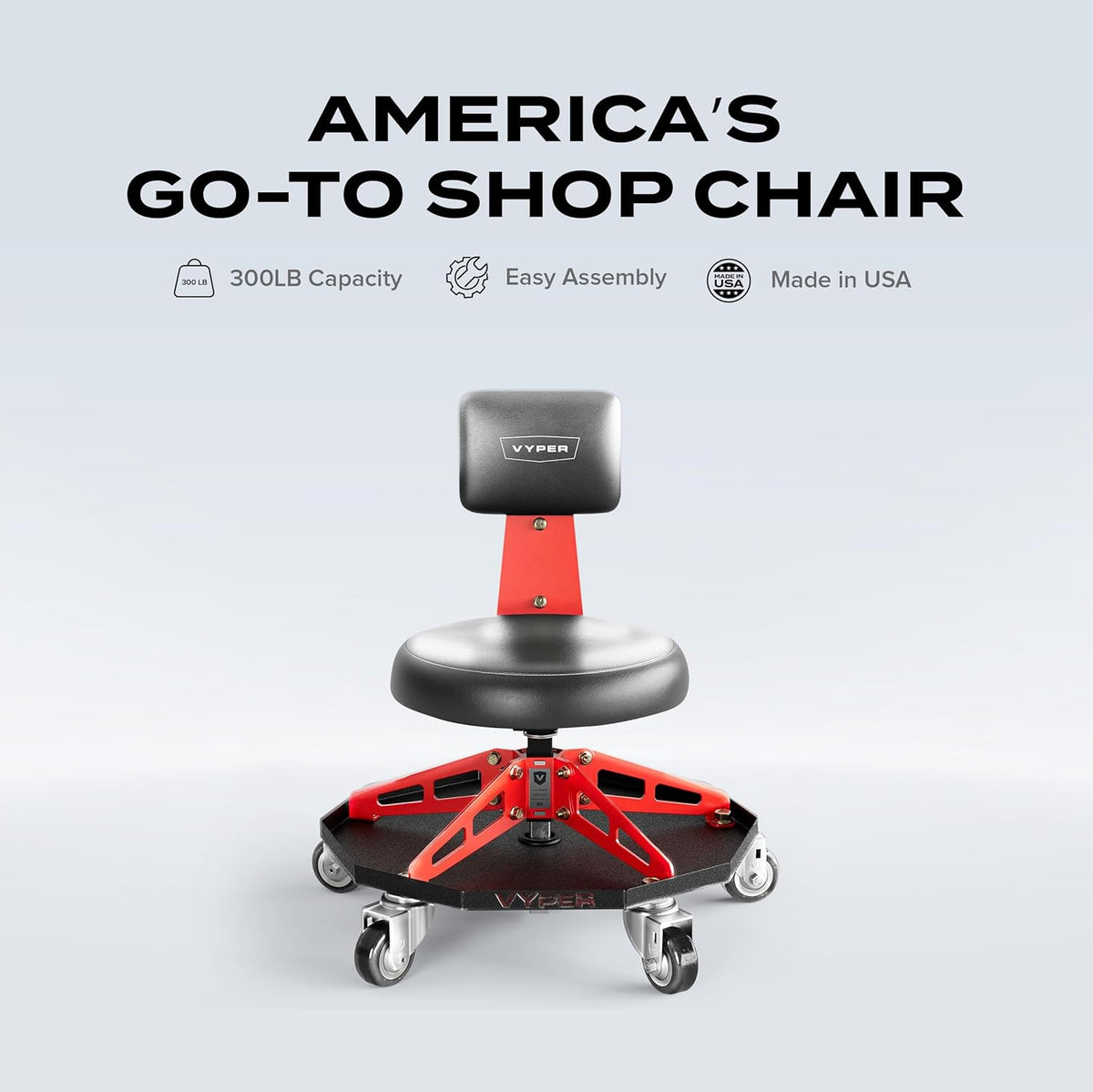 Vyper Robust Steel Sport Shop Chair for Mechanics, Automotive, DIY - 300 lb Capacity Garage Stool with Backrest & Large Wheels (Black Seat, Red Frame)