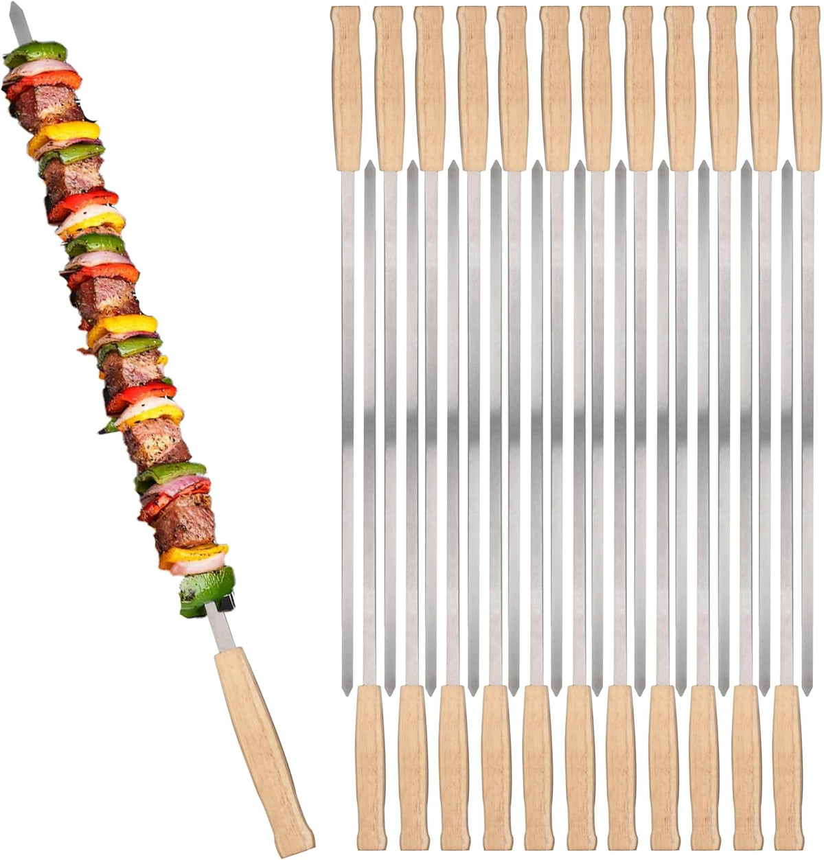 17-Inch 24 Pack Long Flat BBQ Skewers, HONSHEN 3/8 Inch Stainless Steel Wide Blade with hardwood Handle barbecue skewers for Grilling Meat,Chicken,Shrimp,Vegetables (17Inch Flat BBQ Skewers 24p)