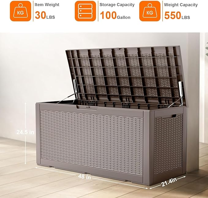 100 Gallon Outdoor Storage Box – Waterproof Deck Box for Garden & Patio,Light Brown