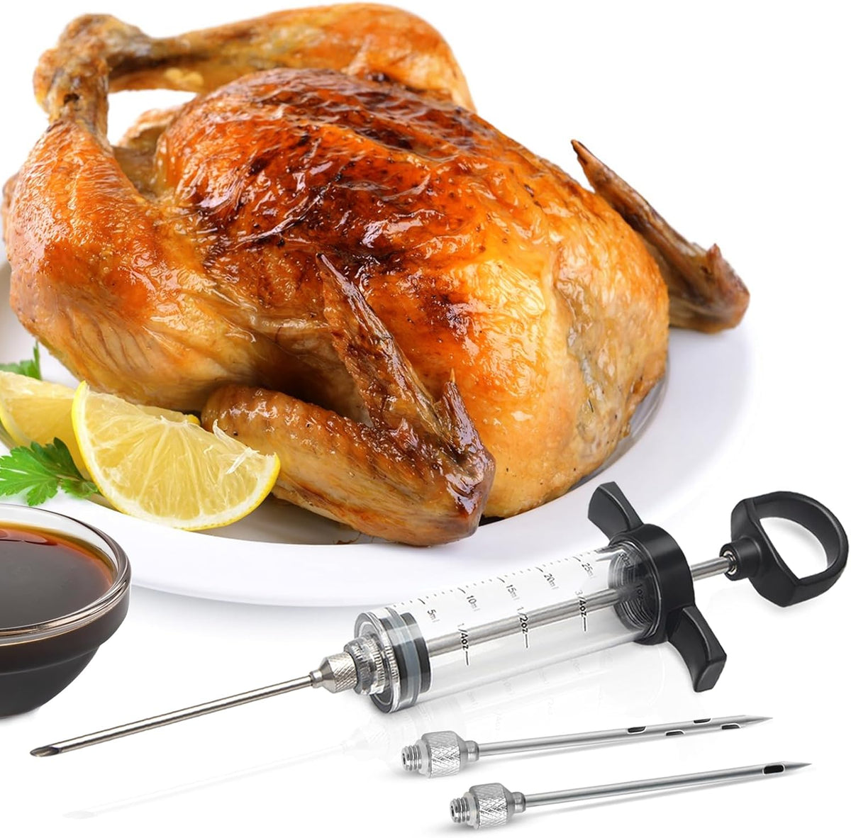 Plastic Meat Injector Kit for Smoker with 3 Flavor Food Syringe Needles, Ideal for Injecting Marinade into Turkey, Meat, Brisket; 1-OZ; Including Paper User Manual, Recipe E-Book (PDF)