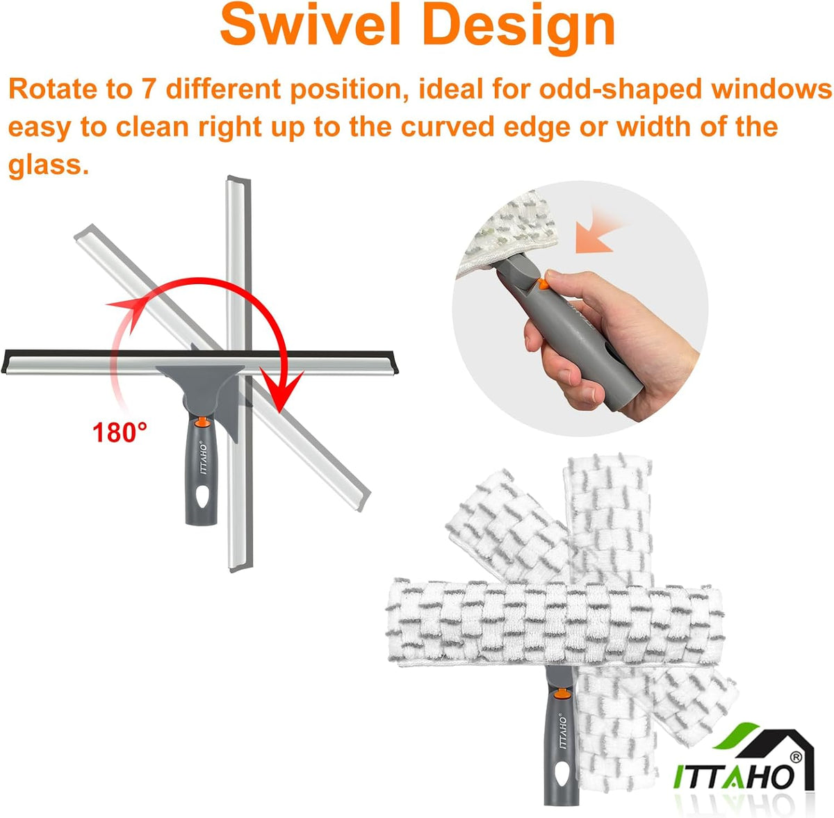 ITTAHO Squeegee for Window Cleaning,12" Squeegee and 11" Microfiber Scrubber Combi with Stainless Steel Pole,Extendable Window Cleaner for Car,Sliding Door,Shower Glass Door-Swivel Style-2 Pads