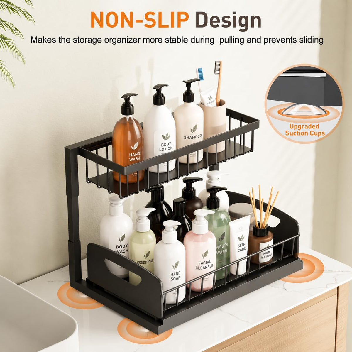 Under Kitchen Sink Organizer, Metal Pull Out Bathroom Organizers and Storage, 2-Tier Cabinet Organizer Shelf with Sliding Drawer, Home Organization for Kitchen, Laundry, Pantry, Black, 2 Pack