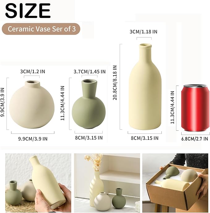 Vase Set of 3, Ceramic Vases Home Decor Flower Decorative Table Decor Vase Pottery Neutral Vases for Tray Table Mantel Living Room Kitchen Bedroom Bathroom Entryway -Light Color
