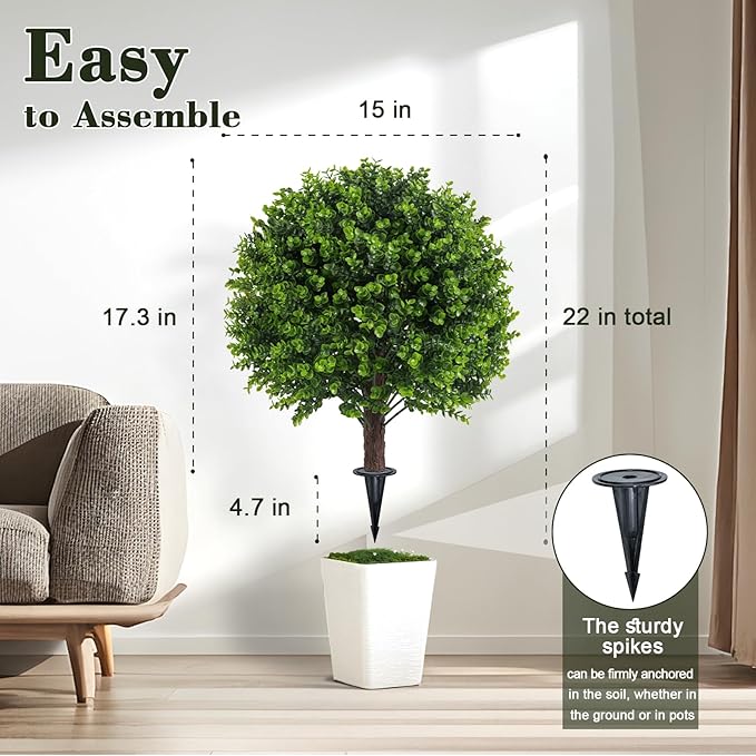 Artificial Boxwood Topiary Outdoor Plants with Spike, 2 Pack Faux Bushes UV Resistant Fake Shrubs for Front Porch Décor