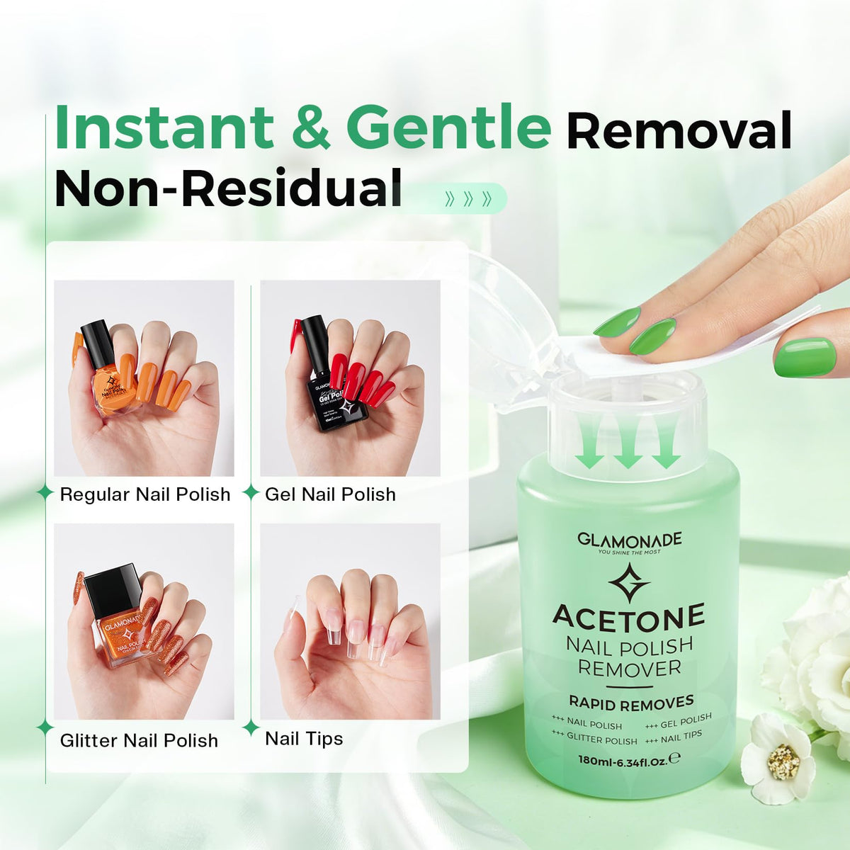 Glamonade Acetone Nail Polish Remover Pump Srong Polish Gel Removal 6.34oz