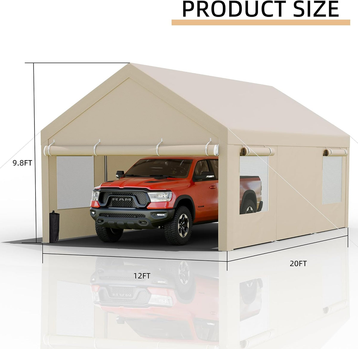 JY QAQA Carport, 12x20 FT Heavy Duty Carport with Removable Side Walls and Doors, Portable Garage with Roll-Up Window and Sandbags, Car Canopy with All-Season Tarp for Cars, Boats, Trucks, Khaki