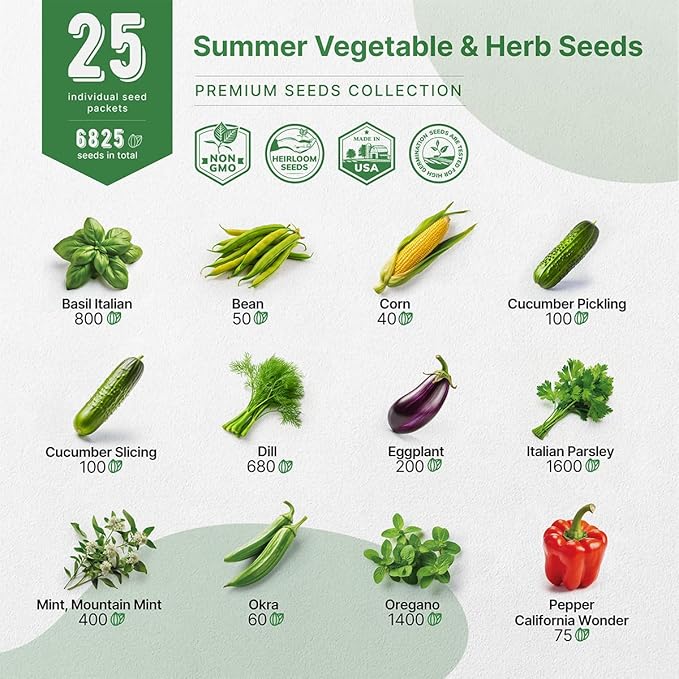 Organo Republic 25 Summer Vegetable & Herb Garden Seeds Variety Pack - 6,820+ Non-GMO Heirloom Veggie & Herb Seeds for Outdoors & Indoor Home Gardening: Tomato, Okra, Bean, Cucumber, Basil, Rosemary