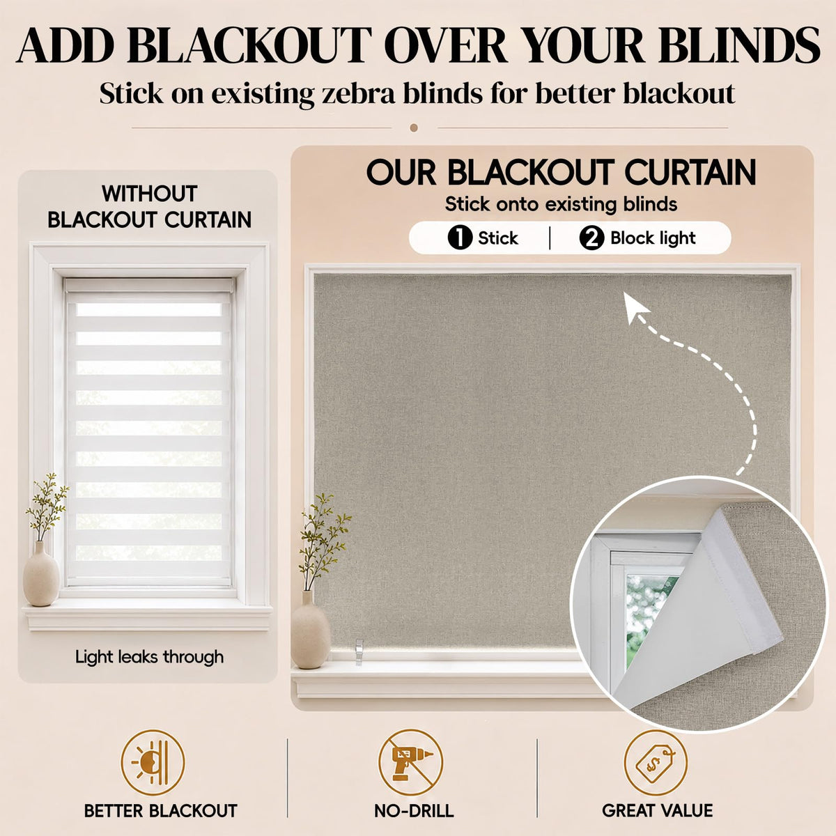 JILRON 100% Blackout Roller Shades,No-Drill Adhesive Blackout Curtains,Blinds for Indoor Windows(47" W x 72" H, Light Coffee)