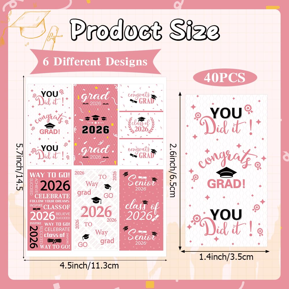 Graduation Party Decorations 2025 Graduation Label Stickers, 240PCS Congrats Grad Mini Pink White Candy Wrapper Class Of 2025 Chocolate Bar Stickers