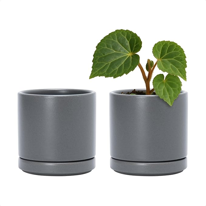D'vine Dev Set of 2 Plants Pots, 3.5 Inch Ceramic Planter Pot for Plants with Drainage Hole and Saucer, Speckled Grey, 94-V-A-3
