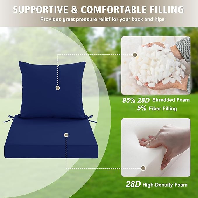 Outdoor Chair Cushions, Waterproof Outdoor Cushions for Patio Furniture w/Fade-Resistant, Removable & Machine-Washable Covers, 19x19 Inch, Ideal for Seat in Gardens/Porch – Set of 2, Navy Blue