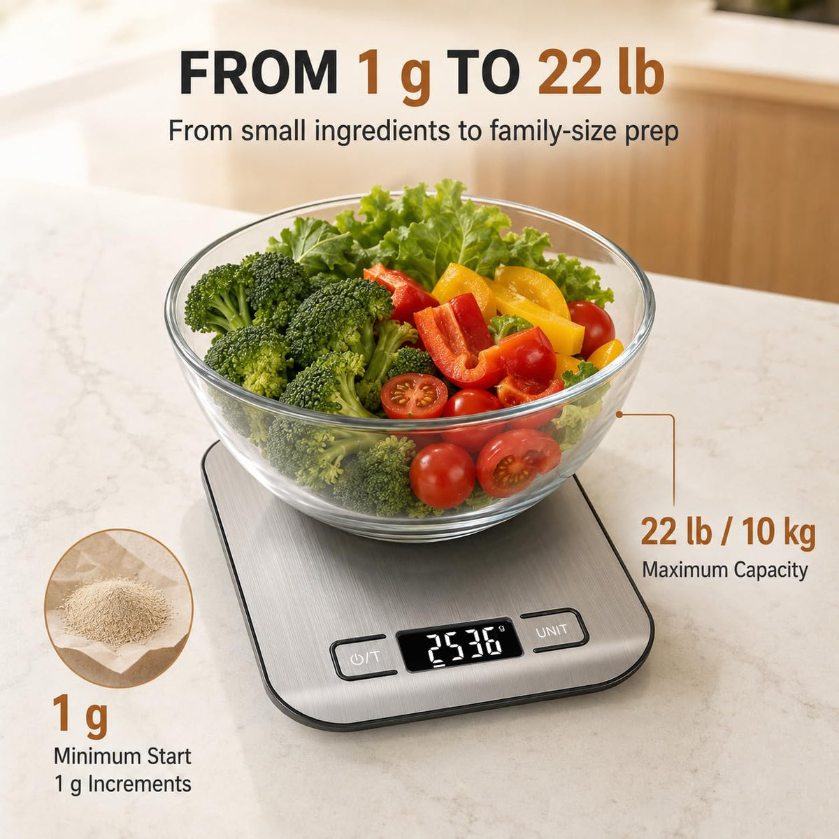 QP Food Scale, 22 lb Digital Kitchen Scale, 1g / 0.1oz Readability, 7 Units