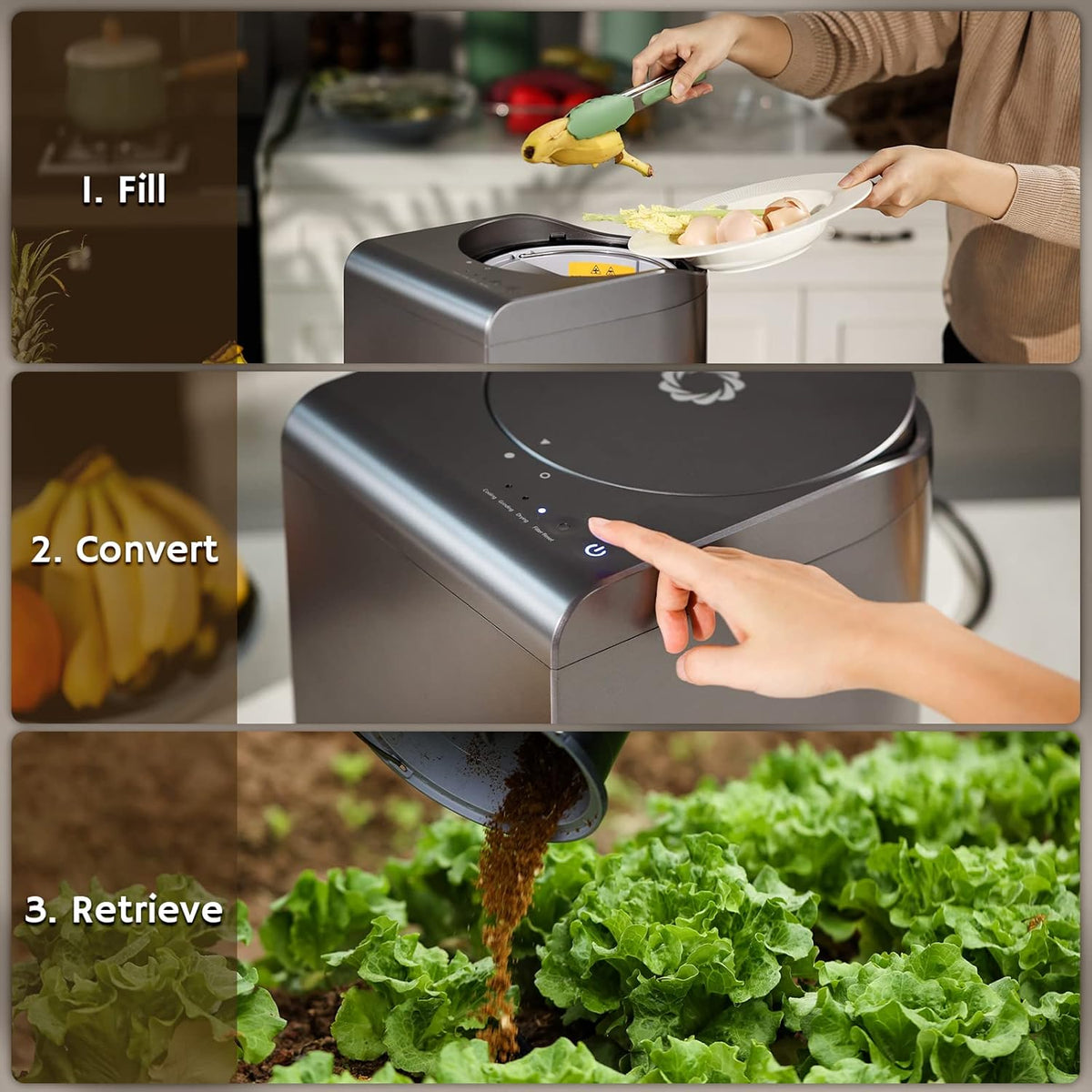 Airthereal Revive Electric Kitchen Composter, SHARKSDEN Tri-Blade, Turn Food Waste and Scraps into Dry Compost Fertilizer for Plants, R500 Gray