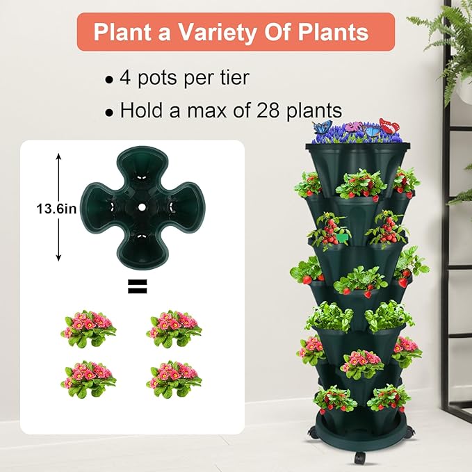 Vertical Planter, 7 Tier Stackable Strawberry Planter with Garden Tool Set, Movable Indoor/Outdoor Garden Herb Pot for Growing Vegetables and Succulents, Green