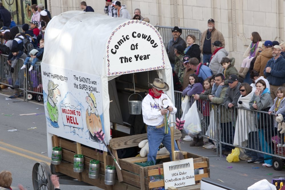 Comic Cowboy of the Year Float Comic Cowboy of the Year Float Mardi Gras began in Mobile Alabama in 1703 when it was a colony of French soldiers