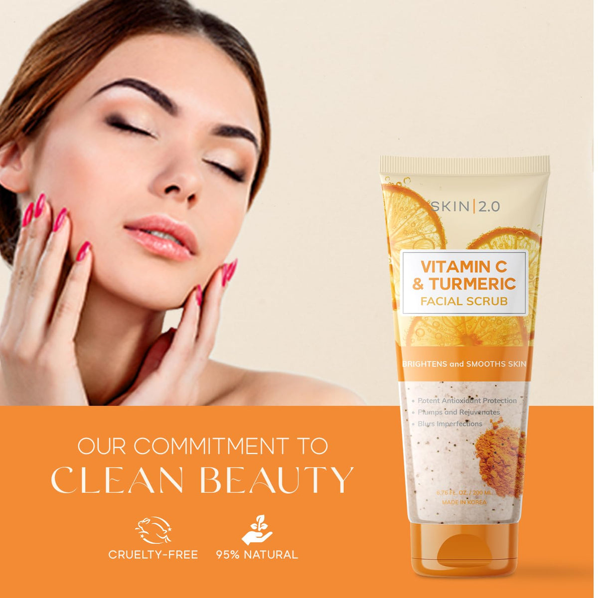 Skin 2.0 Vitamin C & Turmeric Face Scrub - Dermatologist Tested, Gentle Exfoliating, Brightening, Hydrating, Anti-Aging, Clean Beauty, Cruelty-Free Korean Skincare, All Skin Types - 6.76 Fl Oz / 200ML