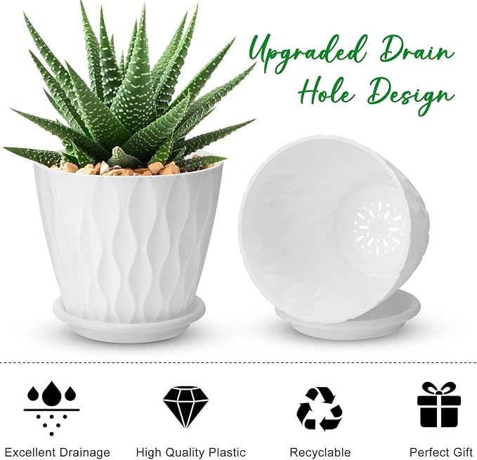 6 inch Plant Pots, 5 Pack Flower Pots Outdoor Indoor, Planters with Drainage Hole and Tray Saucer（White