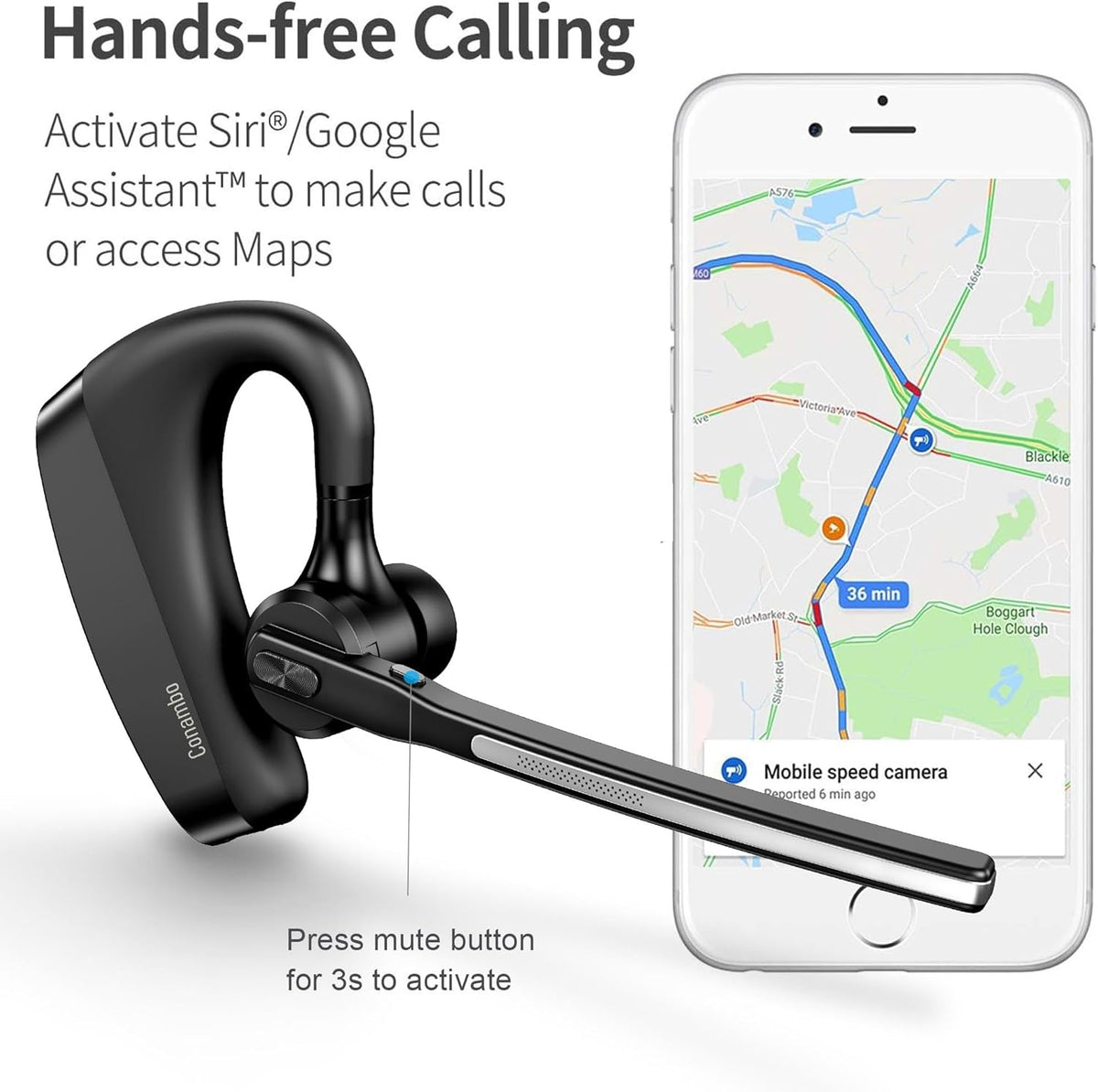 Conambo Bluetooth Headset 5.2 with CVC8.0 Dual Mic Noise Cancelling Bluetooth Earpiece 16Hrs Talktime Wireless Headset for Truck Driver iPhone Android Cell Phones