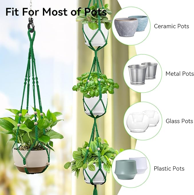 USLAI Macrame Plant Hanger Indoor Outdoor, Up to 4-15 inch Pot, Heavy 20lb Planters, Extra Long Strong Hanging Planter Basket Holder, Boho Home Decor, 35+72 Inch, Green (POTS NOT Included)