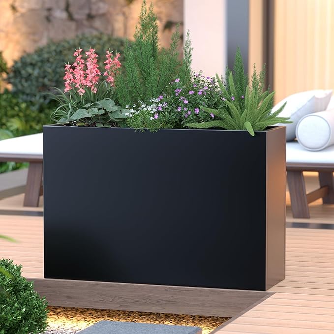 Metal Planter Box Rectangular Block - Galvanized Steel Long Box Planter Modern Outdoor Planters All-Weather Use with Drainage Holes for Patio/Porch, 35.5×24×12IN