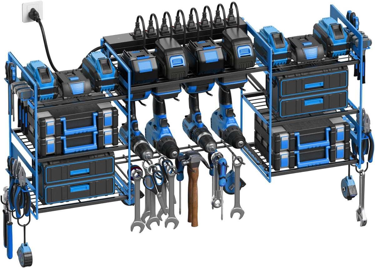 CCCEI Blue Power Tool Organizer Wall Mount, Large Tools and Battery Storage Rack Charging Station Individual Switches. Drills Holder, Garage Utility Shelves with 6FT Power Strip. Gift for Men.