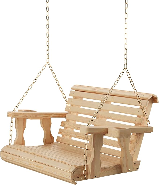 Amish Casual 3 Foot Roll Back Porch Swing with Cup Holders in Unfinished - Amish Made in The USA from Treated Pine Heavy Duty 700 Lb. Weight Capacity
