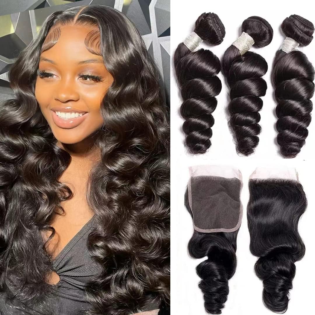 Loose Wave Human Hair 3 Bundles With 4X4 Lace Closure 12A Brazilian Virgin Hair Weave Bundles Loose Deep Wave With Closure (26 2