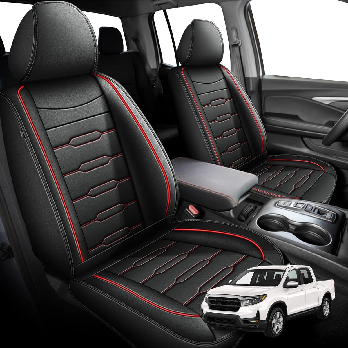 AOMSAZTO Seat Covers Fit for Honda Ridgeline 2006-2024 2025: Crew Cab 2PCS Front Car Seat Covers Faux Leather Truck Pickup Seat Cushion Protector - Front Seats Without Armrests(Front Pair, Redline)
