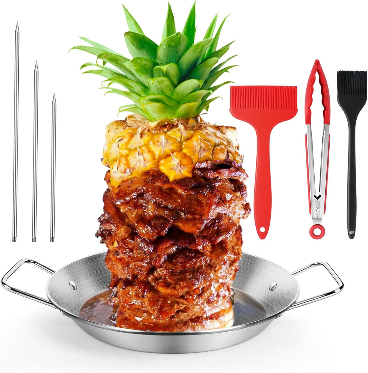 Stainless Steel Al Pastor Skewer & Gyro Pan for Grill – BBQ Vertical Skewer Pan Set with 3 Removable Spikes (8”/10”/12”), Brushes & Tongs, Brazilian Spit Stand for Tacos, Shawarma, Kebabs, Oven
