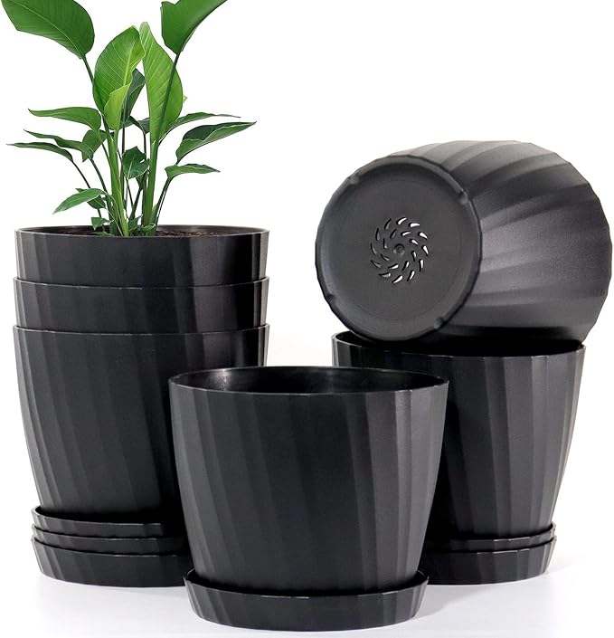 7 Inch Plant Pots Bulk, 6 Pack Plastic Planters with Drainage Holes and Saucers for Indoor Outdoor House Plants and Flowers, Black
