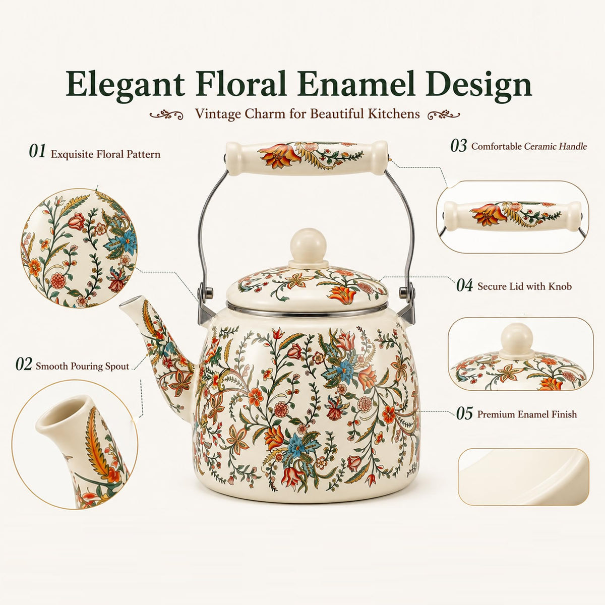 OLYTARU 112 oz Floral Tea Kettle Pot for Stove Top, 3.5 QT Enamel Teapot