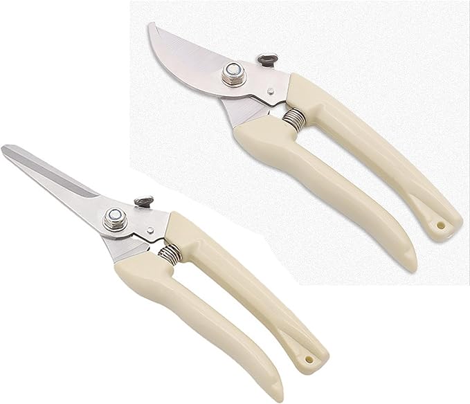 Garden Flower Shears Pruning Shears 6.9 inches Straight and Bypass Scissors Heavy Duty Plant Scissors for Cutting Flowers, Trimming Plants, Bonsai, Fruits Picking (White handle Straight and Bypass)