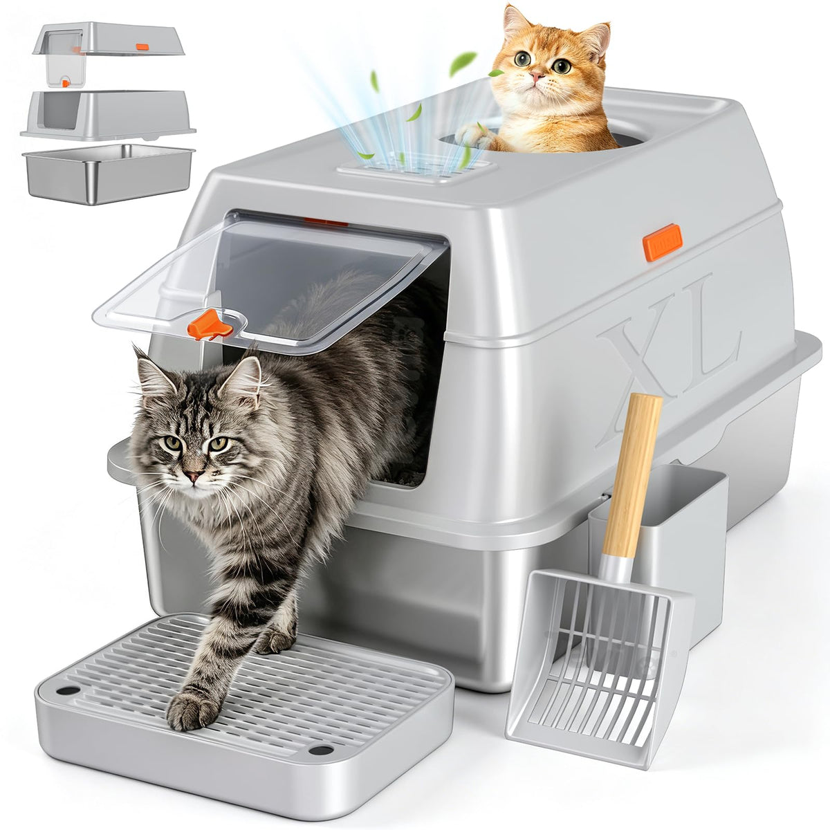 Tevila XL Enclosed Stainless Steel Litter Box with Lid, Light Gray
