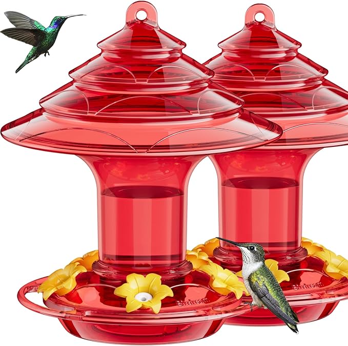 Birdream Hummingbird Feeder for Outdoors Hanging 40oz 10 Feeding Ports, 2 Pack Humming Bird Feeder with Ant Moat Brush Leak Proof - Solid Red