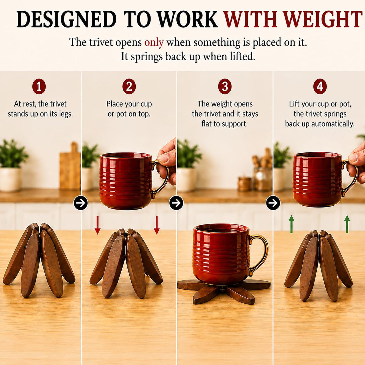 Menvel Goods Foldable Black Walnut Wooden Trivet Set for Hot Dishes - 4 Trivets + 1 Stand for Hot Dishes, Tree Coasters, Pot, Bowl, Teapot - Hot Pot Holders(Black Walnut) - Kitchen Gifts in The Box