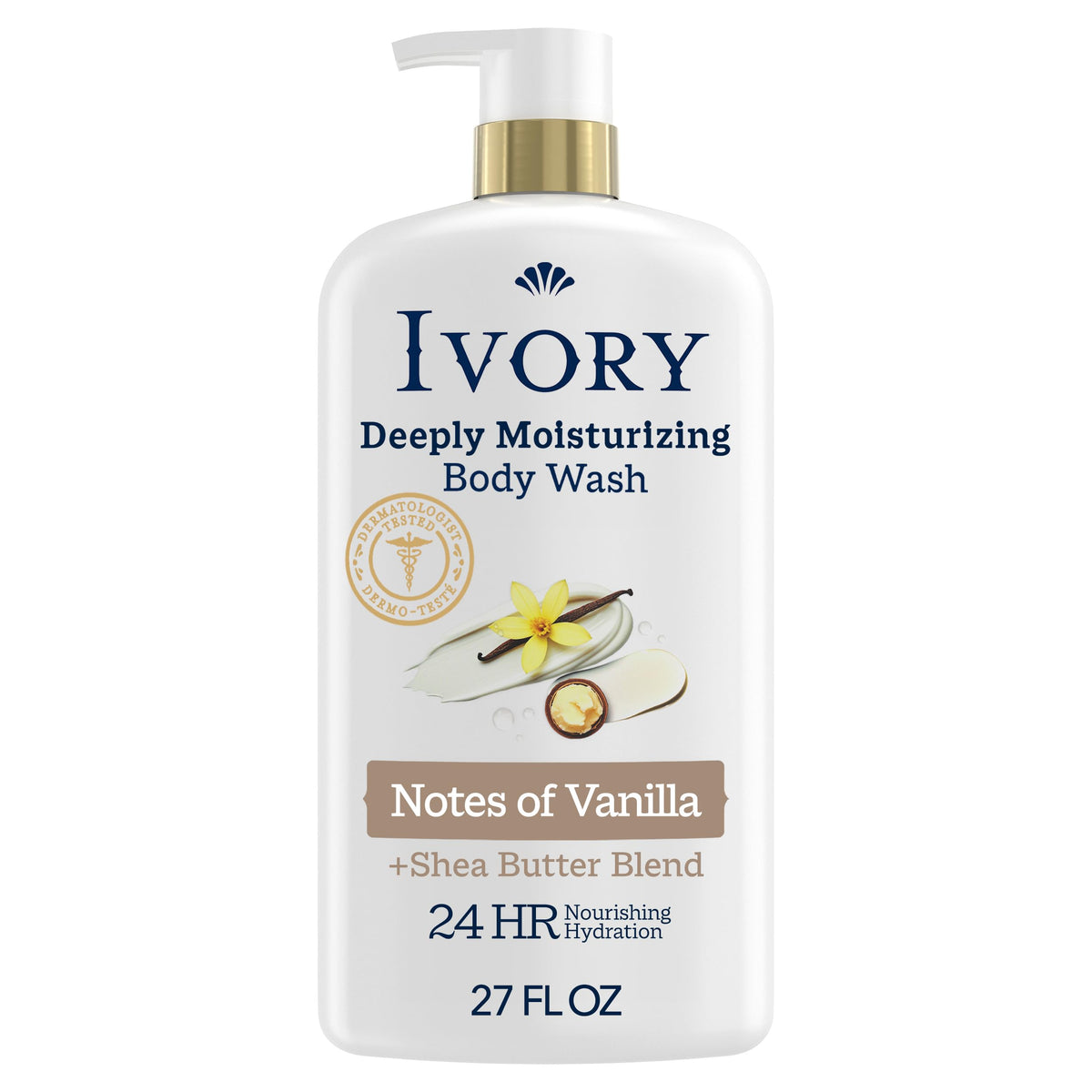 Ivory Deeply Moisturizing Body Wash, 24hr Nourishing Hydration, Soothes Itchy Dry Skin, Made with Shea Butter Blend, Free of Dyes Heavy Perfumes Parabens & Phthalates, Vanilla Scent, 27 oz