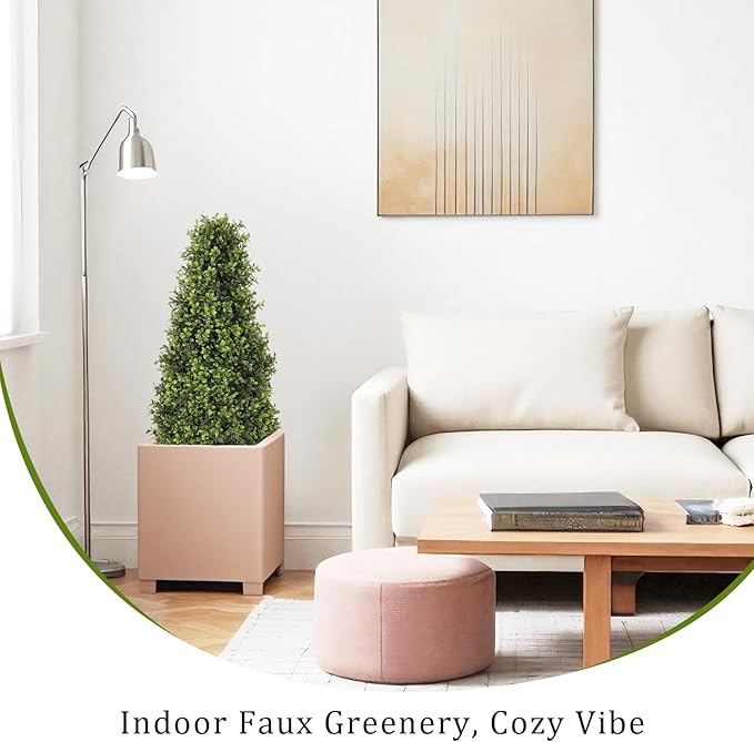 3ft Artificial Boxwood Topiary Trees (Set of 2) - UV Resistant Faux Plants Outdoor, Realistic 36" Fake Cone Bushes and Shrubs for Front Porch, Planter, Patio - Low Maintenance & Evergreen