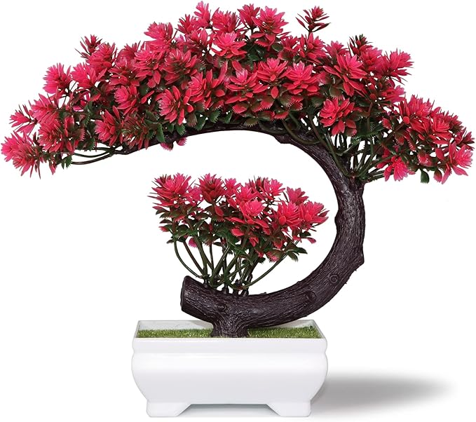 Small Artificial Plants Greenery Desktop Bonsai - Magenta Fake Plants for Home Decor Indoor Bookshelf Office Desk Bathroom Room Decor, Tall 8.5"