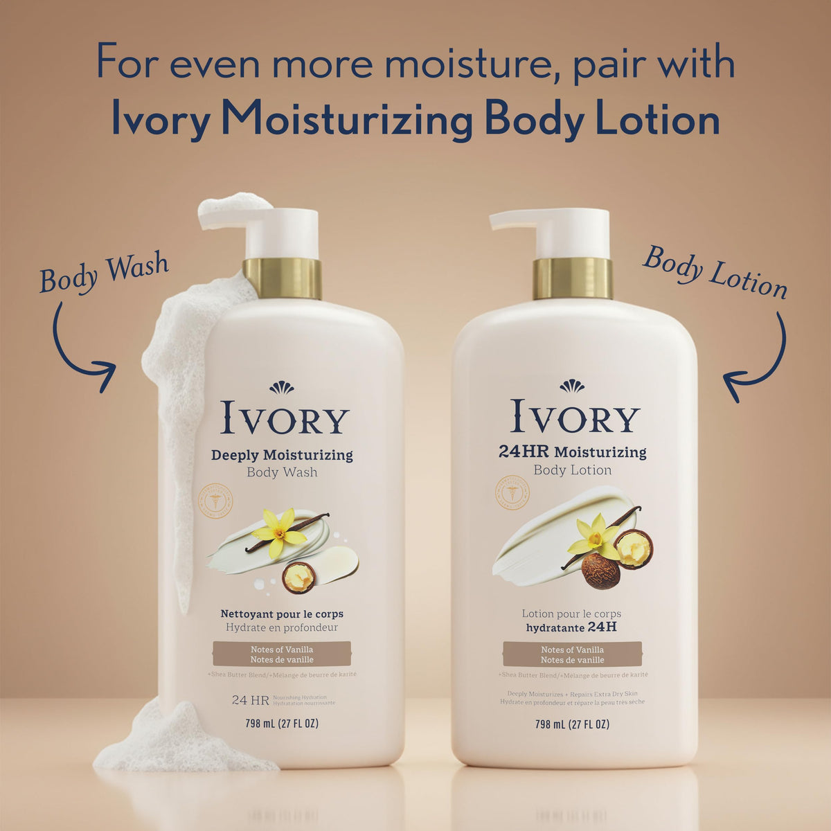 Ivory Deeply Moisturizing Body Wash, 24hr Nourishing Hydration, Soothes Itchy Dry Skin, Made with Shea Butter Blend, Free of Dyes Heavy Perfumes Parabens & Phthalates, Vanilla Scent, 27 oz