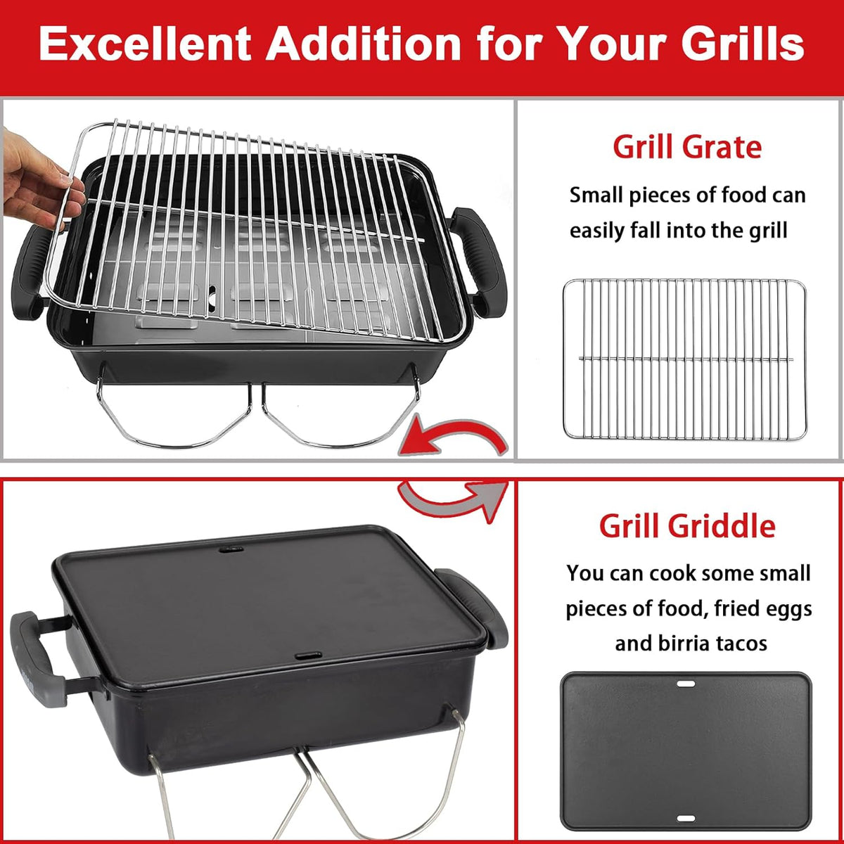 80631 Cast Iron Cooking Griddle for Weber Go-Anywhere Charcoal and Gas Grills, 16"x10" Grill Griddle Pan, Portable for Indoor Stovetop/Outdoor Camping BBQ, Replacement for Weber 70211 3634 67195
